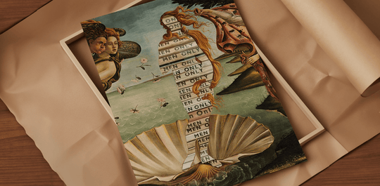 Collage of ‘the birth of venus’ by Sandro Botticelli, with the Goddess Venus cut out to reveal a stack of magazines that say ‘For Men Only’ along the spine.