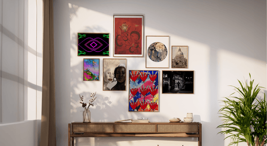 An at home gallery wall of limited edition art prints in a beautifully decorated home.