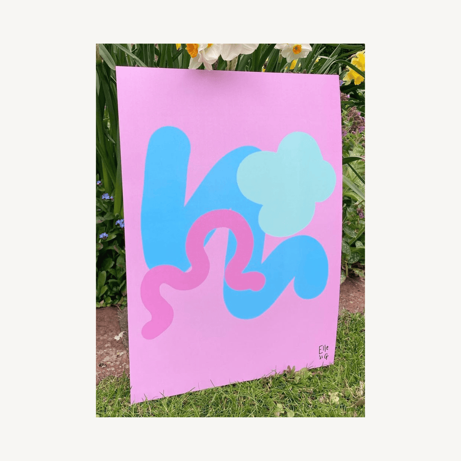 Art print of digital abstract artwork in pink, blue, hot pink and mint green.