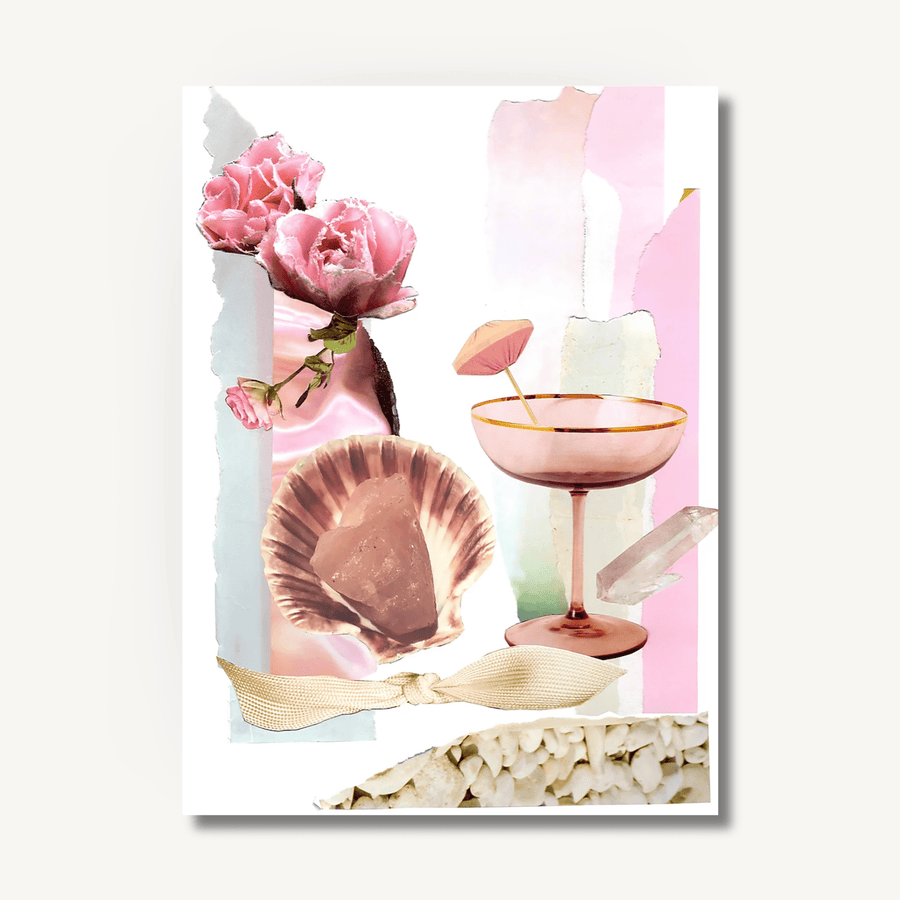Collage art print by Esme Rose Marsh, featuring torn pink paper, photos of pink flowers, rose quartz crystal, pink shell, ribbon and a pink cocktail.