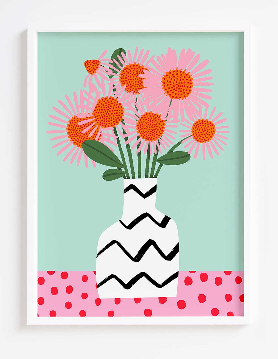 Digital painting in pastel pinks, mint green and orange of a vase of flowers on a table.