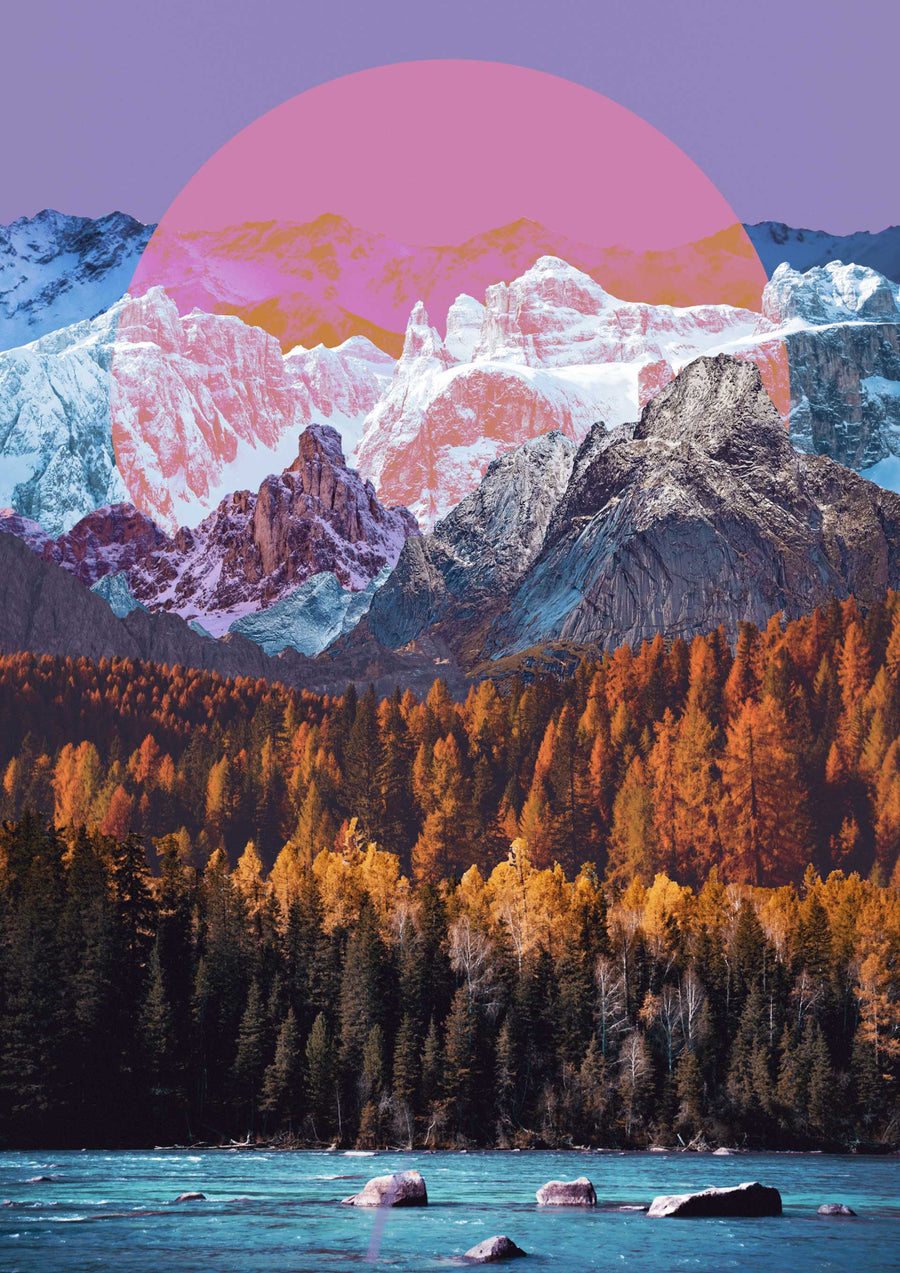 Digital collage of mixed landscapes, starting with a lake with rocks at the bottom, then a dense forest, then snow topped mountains with a pink/purple circle and a purple sky.