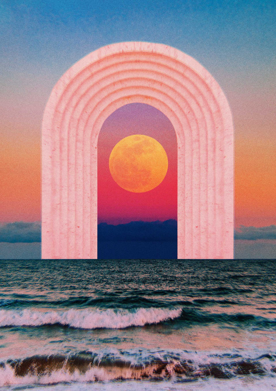Digital collage of a pastel pink archway showing a colourful sunset with an orange sun, with waves below.