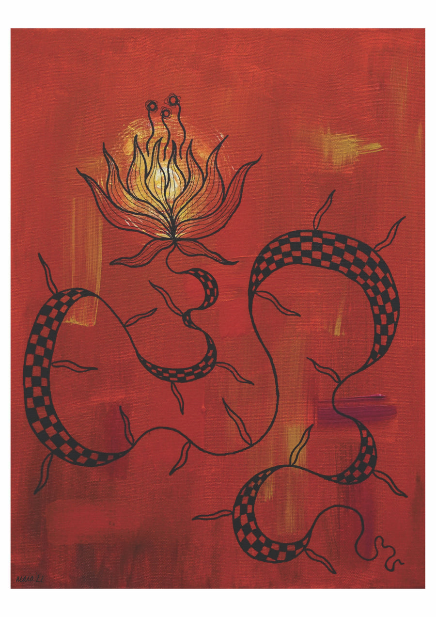 Art print of an acrylic on canvas painting of a multi-tonal red background with a quirky tattoo style flower on top in black, with a wiggly stalk.