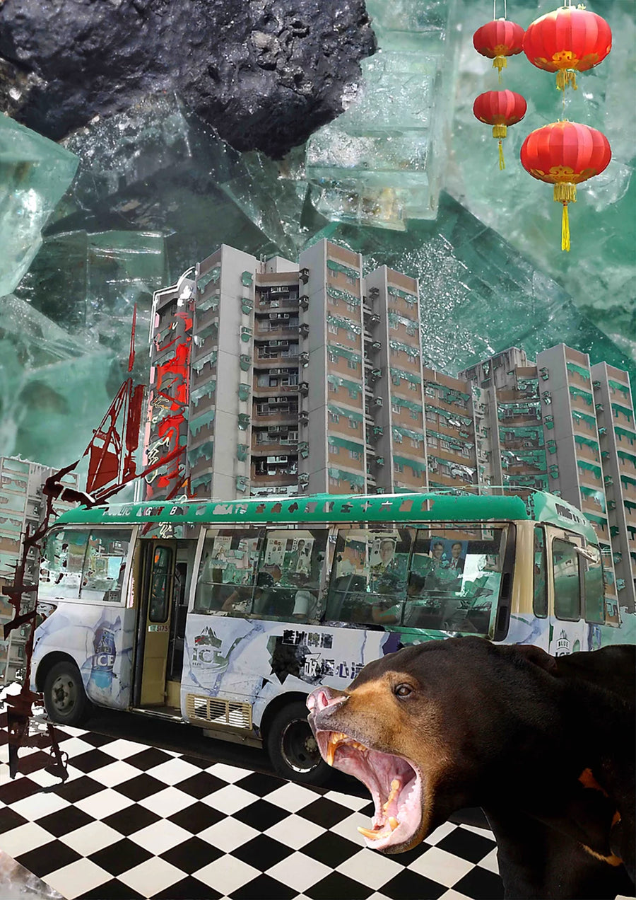 Collage art print by Esme Rose Marsh, featuring blue/green crystals, rocks, black and white chequered flooring, a bus, chinese lanterns, a large flack block and a roaring bear.