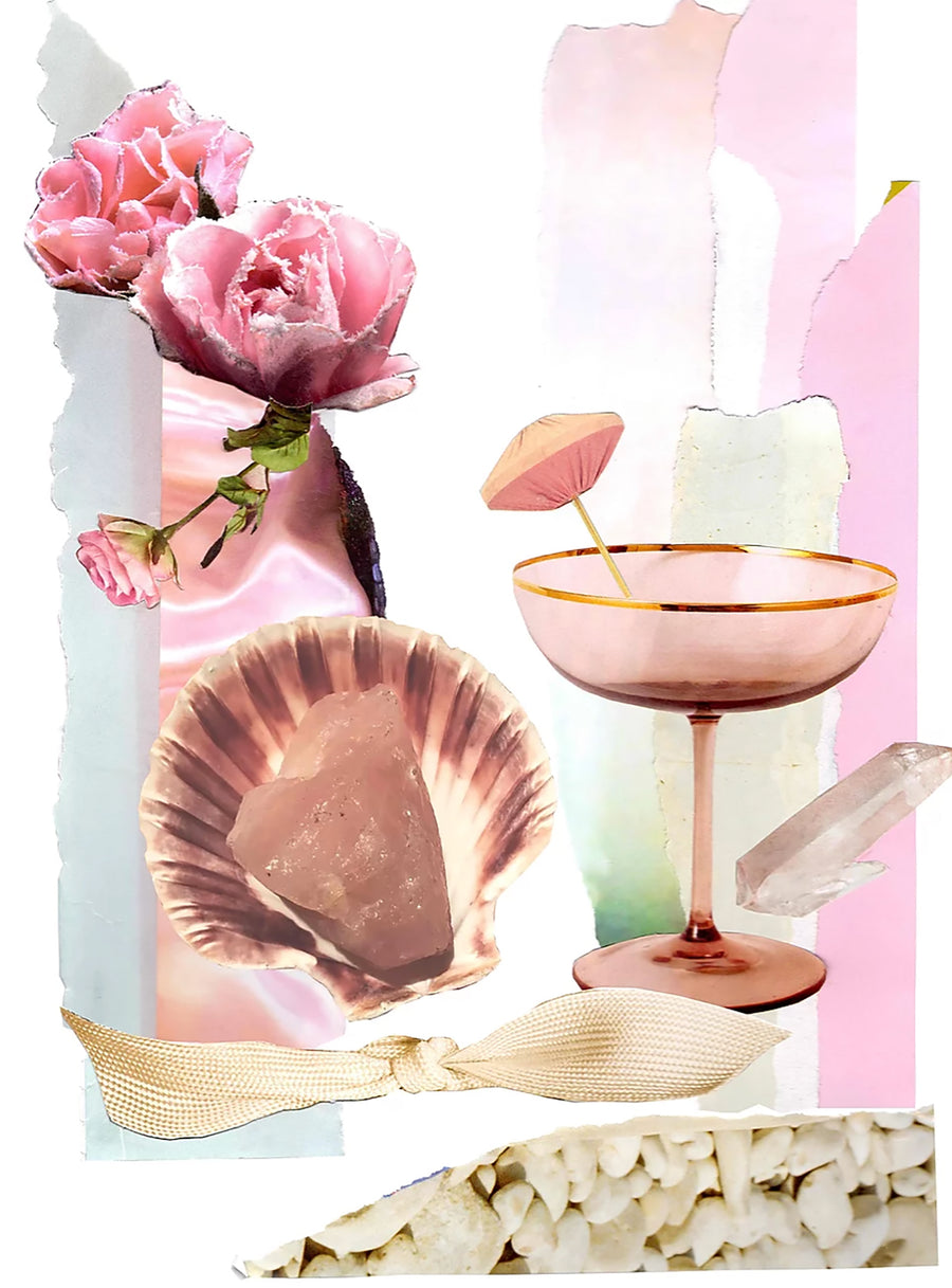 Collage art print by Esme Rose Marsh, featuring torn pink paper, photos of pink flowers, rose quartz crystal, pink shell, ribbon and a pink cocktail.