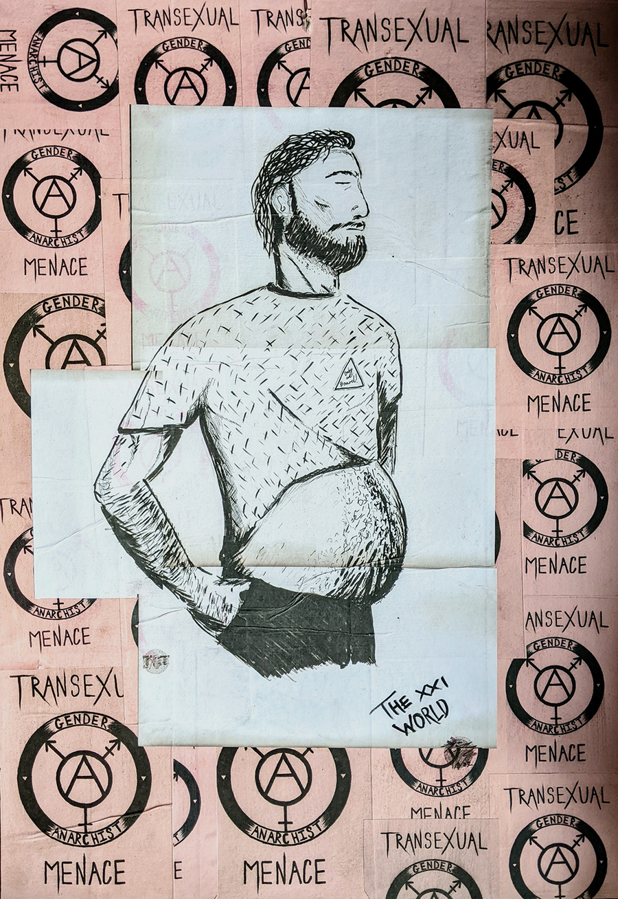 DIY home digital prints of an ink drawing of the male, female and intersex symbol with the writing ‘Transexual Menace’ on reclaimed pink duplicating paper, collaged onto a back board with another collaged drawing of a pregnant trans man on top.