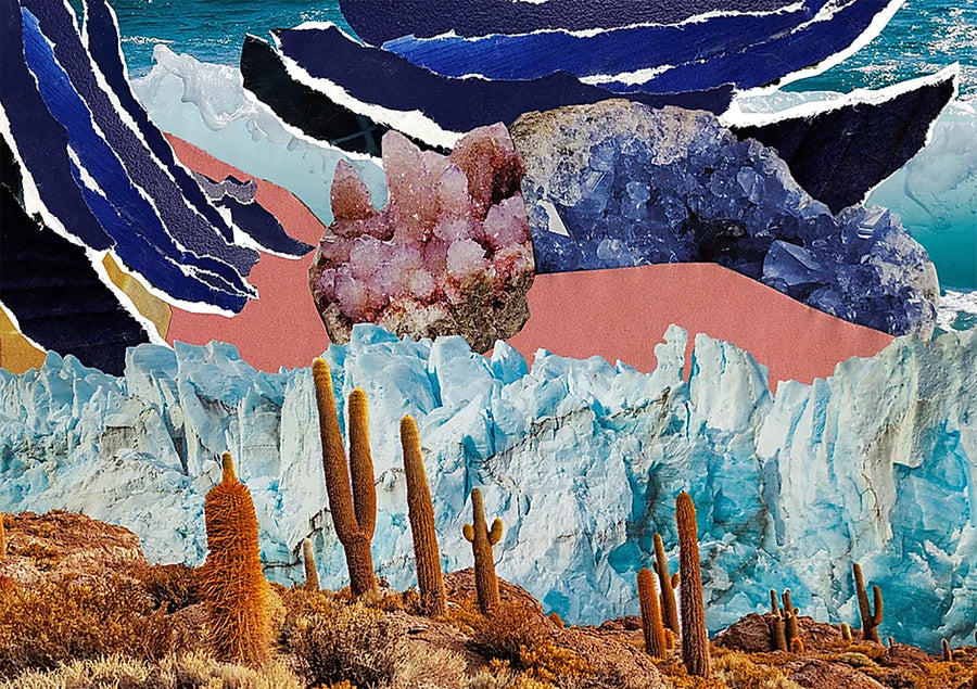 Desert cacti, glacial mountains and blue and pink crystals layered over torn blue and pink paper create this digital collage print by Esme Rose Marsh. 