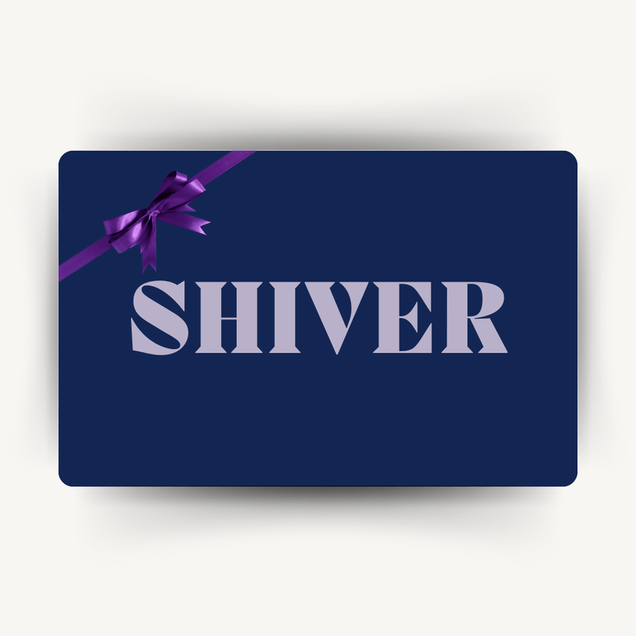 Shiver gift card - navy gift card shape with lilac shiver logo and a dark purple bow in the top left corner.
