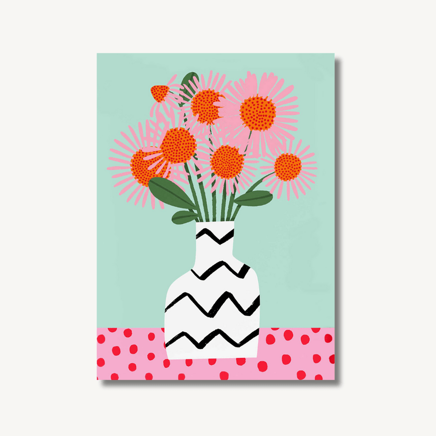 Digital painting in pastel pinks, mint green and orange of a vase of flowers on a table. On an off-white background with a drop shadow to show that its a print.