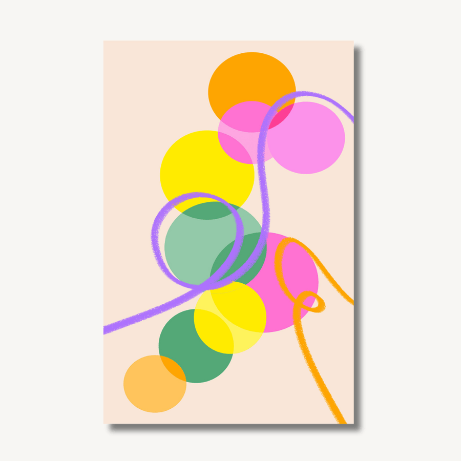 Digital painting of a pale pink background with bold colourful circles overlapping with crayon effect squiggly lines flowing through. The picture gives a feeling of playfulness and happiness.