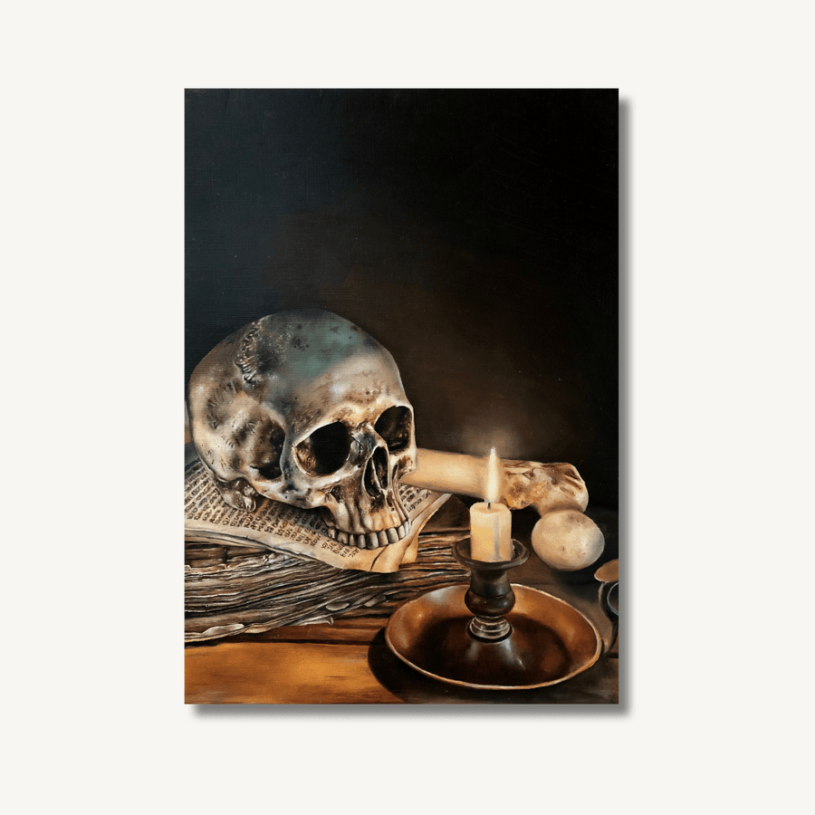 Vanitas style still life oil painting of a skull on a stack of papers with writing on, next to a bone and a lit candle stick.