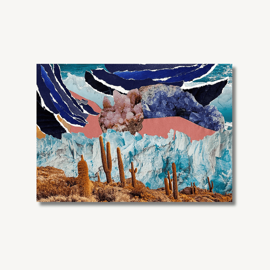 Collage art print by Esme Rose Marsh, featuring torn blue and coral paper, photos of the sea, ice glaciers, cacti in the desert and pink and blue crystals. Image has a drop shadow to highlight that it’s a print.
