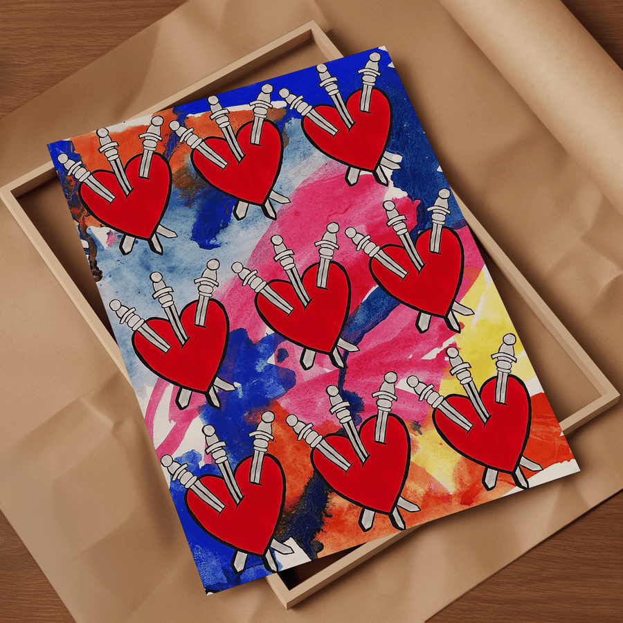 Collage art print by Esme Rose Marsh, cobalt blue, yellow. orange and pink paint splotches and coloured marker scribbles on the background, with 3 rows of 3 red hearts with 3 swords through each.