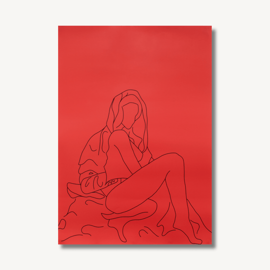 Digital line drawing poster on a red background - inspired by Bellini’s painting, Madonna Del Prato, with a twist, depicting the Virgin Mary in a seemingly seductive pose.