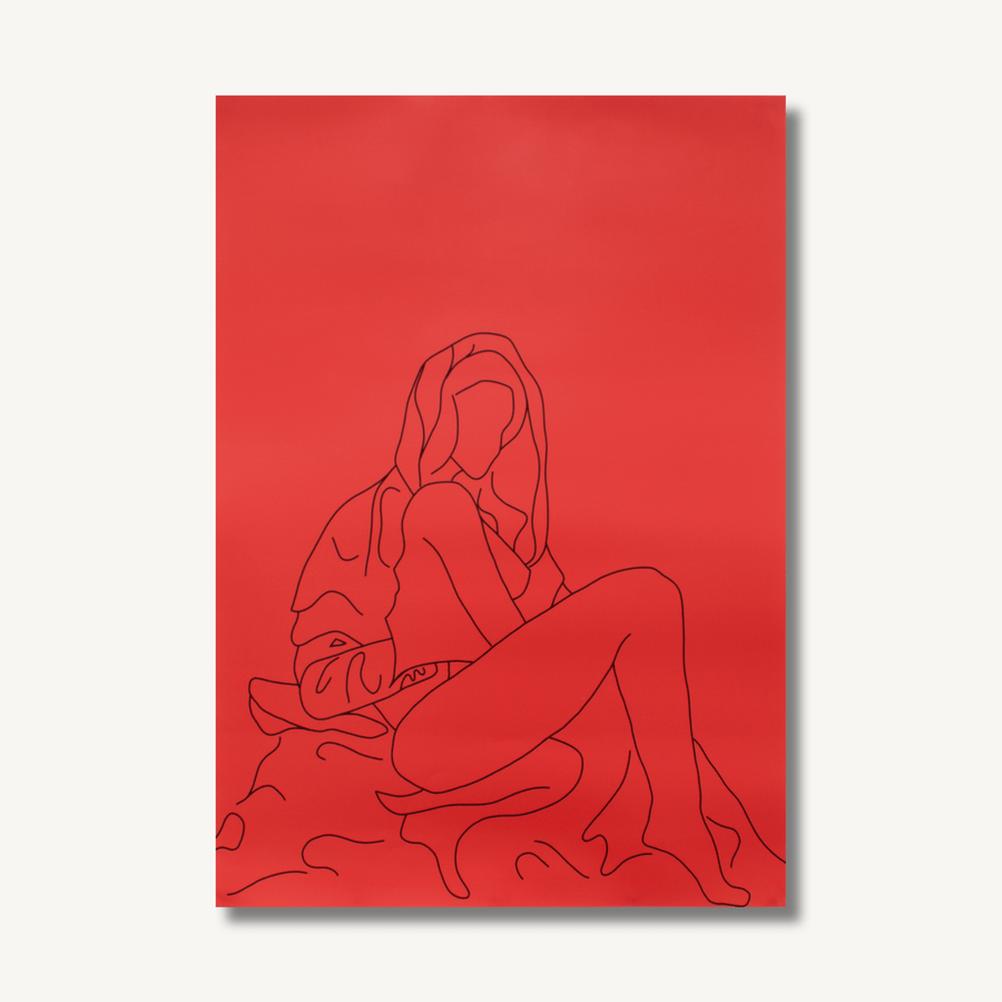 Digital line drawing poster on a red background - inspired by Bellini’s painting, Madonna Del Prato, with a twist, depicting the Virgin Mary in a seemingly seductive pose.