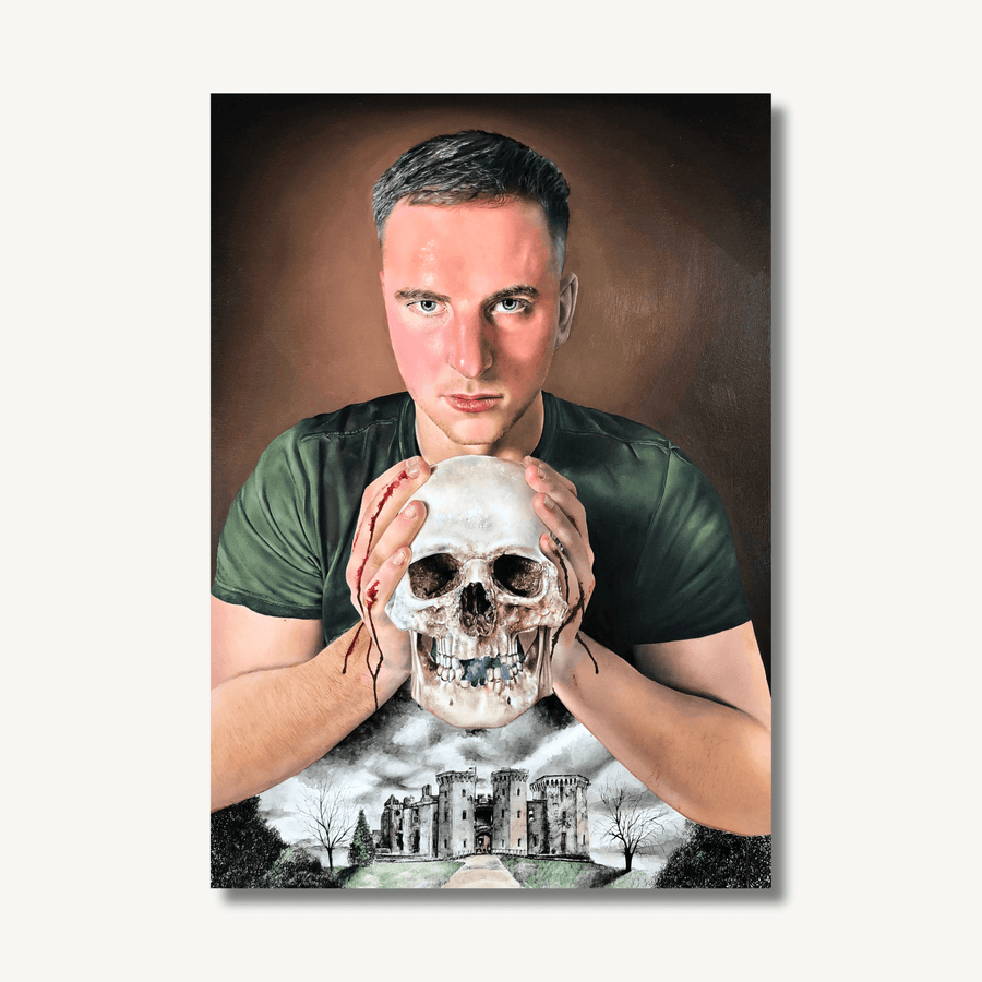 Oil painting of a man with a short haircut and wearing a green t-shirt, holding a skull, with blood dripping from his hands, with a castle beneath.