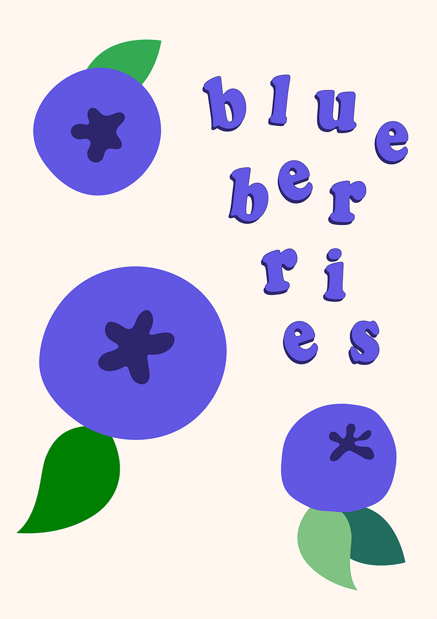 Cartoon colour block purpley blue blueberries with green leaves and blue text saying ‘blueberries’ in floating letters.