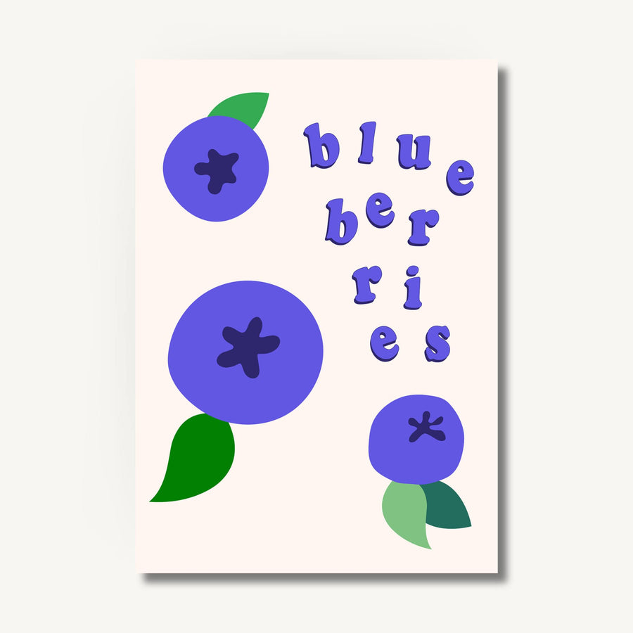 Cartoon colour block purpley blue blueberries with green leaves and blue text saying ‘blueberries’ in floating letters. Image on an off white background with a drop shadow to show that it’s an art print.