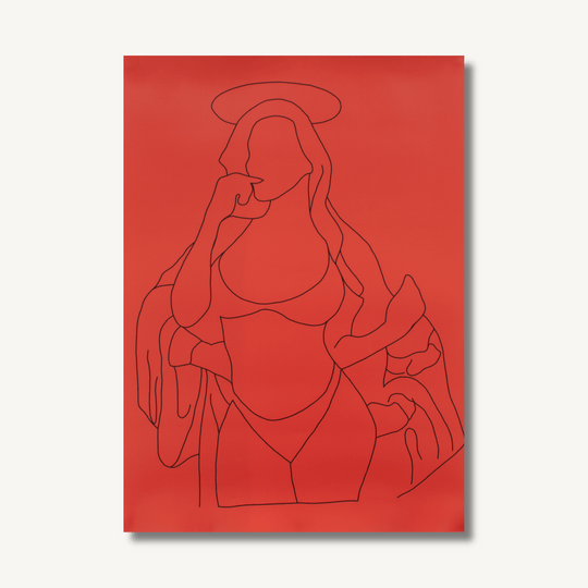 Digital line drawing poster on a red background, by Margate based artist Mary-Ann Stuart - inspired by Sandro Botticelli's painting, The Virgin and Child with Saint John and an Angel, with a twist, depicting the Virgin Mary in a seemingly seductive pose.