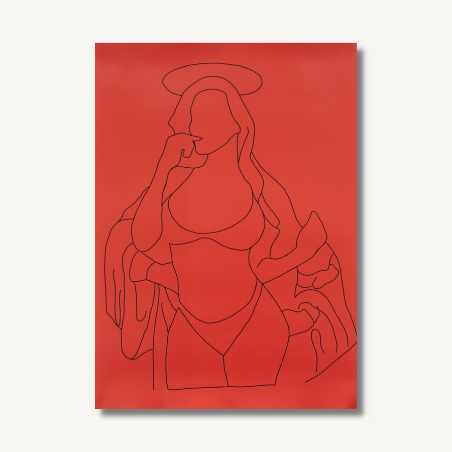 Digital line drawing poster on a red background, by Margate based artist Mary-Ann Stuart - inspired by Sandro Botticelli's painting, The Virgin and Child with Saint John and an Angel, with a twist, depicting the Virgin Mary in a seemingly seductive pose.