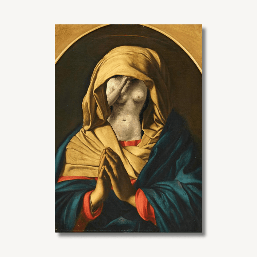 Digital collage print mixing images of the Virgin Mary with images of the female nude. 