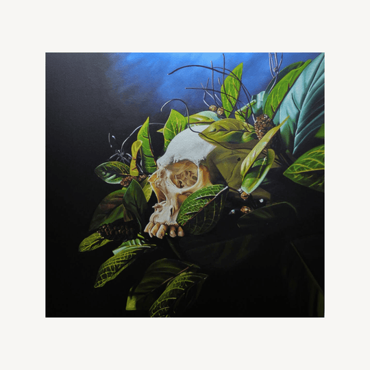 Art print of a traditional style oil painting of a skull with leaves and flowers, on a blue background.