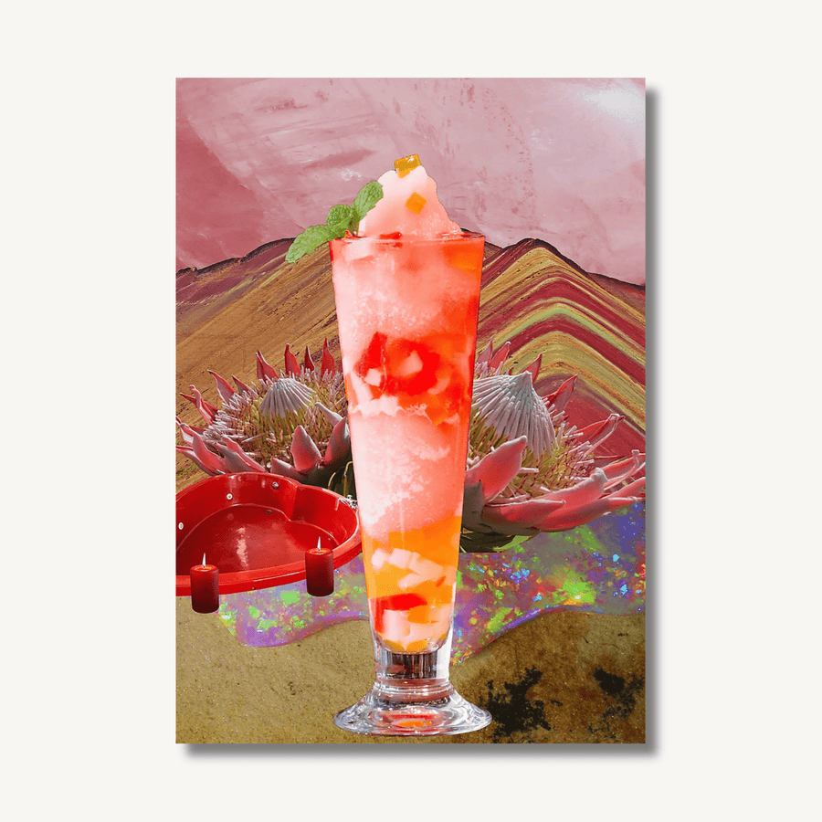 Collage art print by Esme Rose Marsh, featuring multicoloured sand dunes, a glimmering shimmering stream, a red heart shaped hot tub with red candles, spiky pink flowers and a pink and orange cocktail.