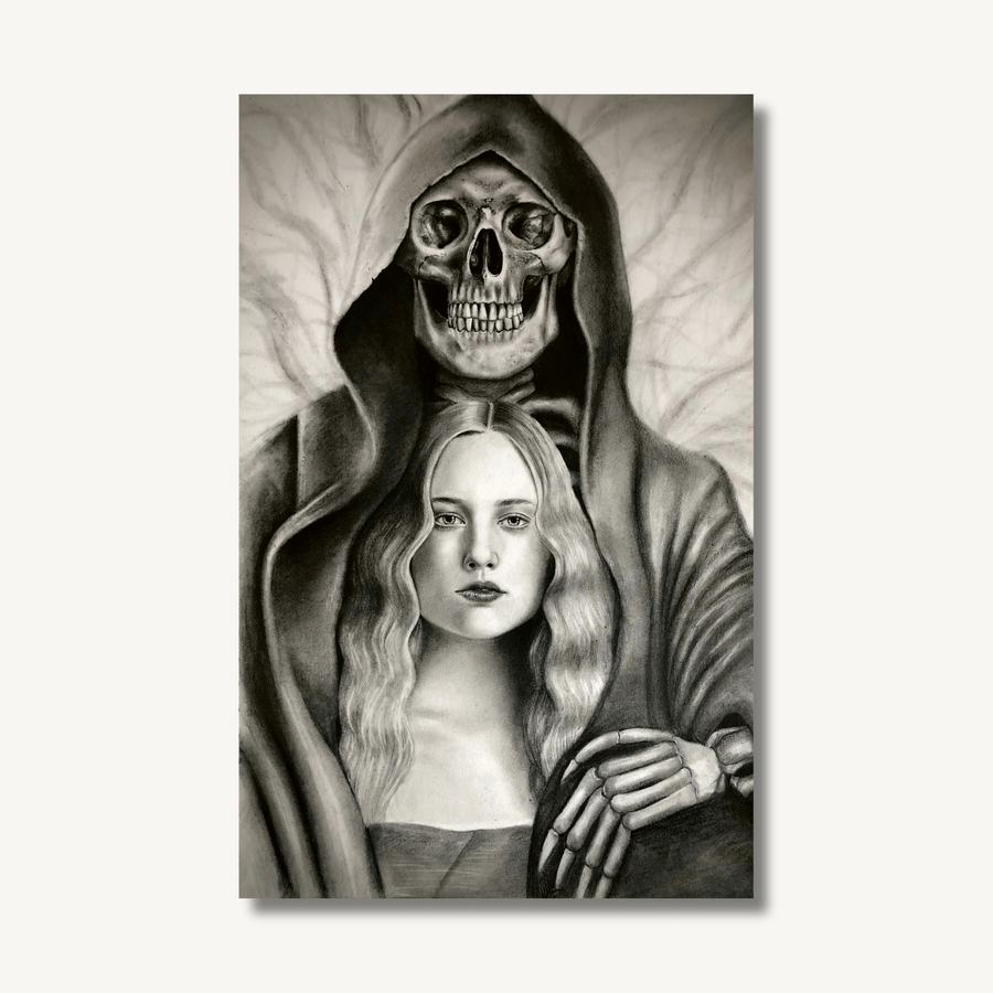 Charcoal drawing of a death - with a skull face and a long black cloak, with their hand on the shoulder of a young woman with blonde hair.