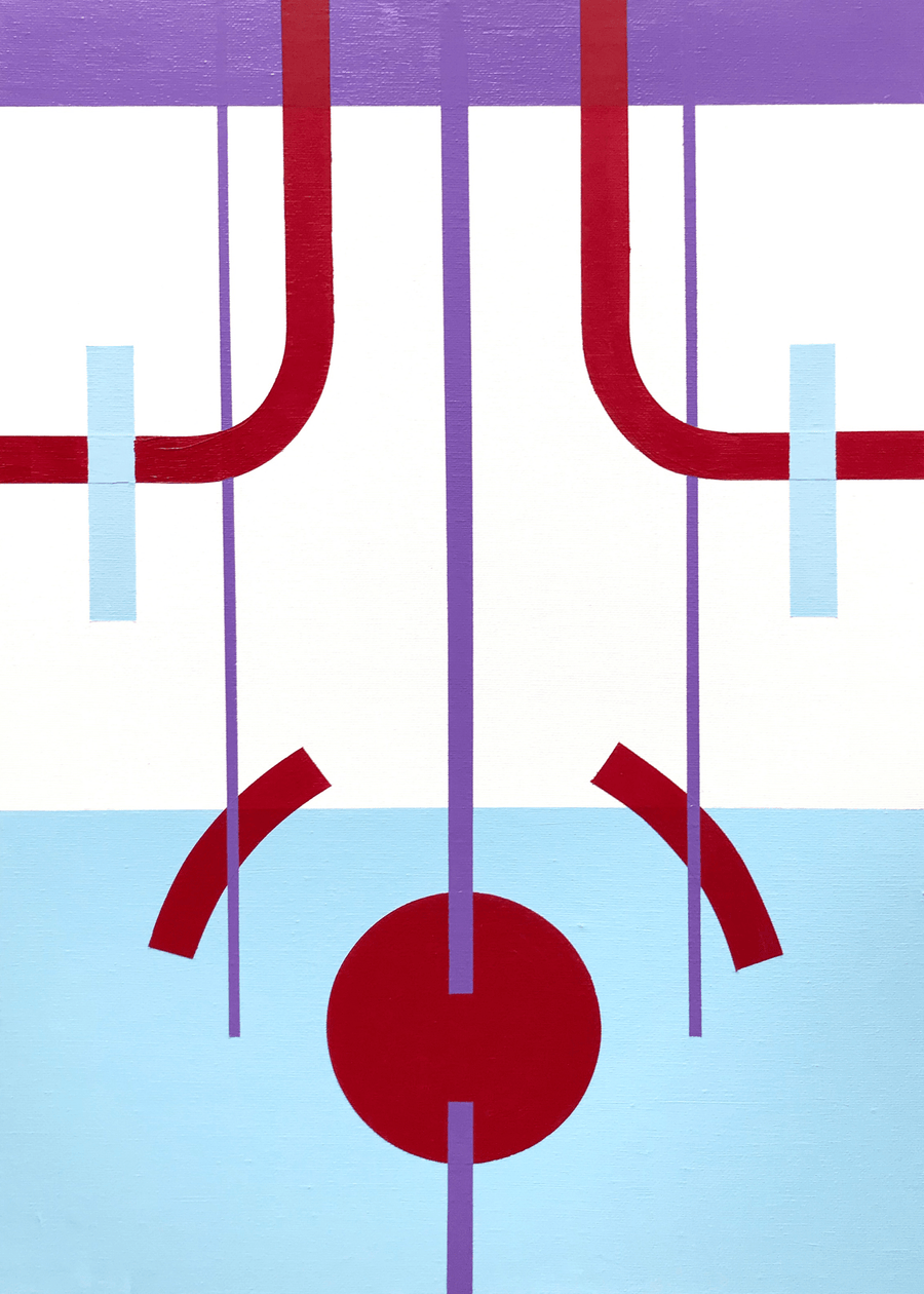 Acrylic painting on canvas by artist, Henriett Juhász. It is an Art Deco Style Geometric painting with lines, circles, curves and blocks of colour. This painting is made of 4 block colours – maroon, baby blue, white and purple.