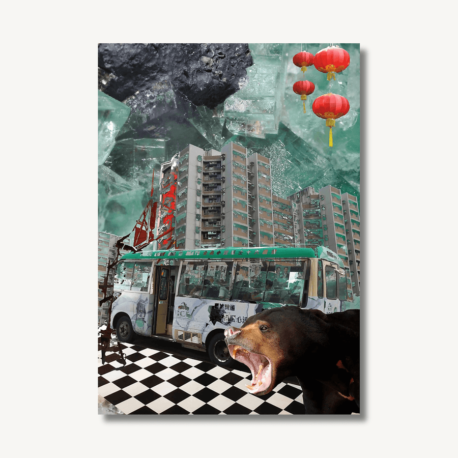 Collage art print by Esme Rose Marsh, featuring blue/green crystals, rocks, black and white chequered flooring, a bus, chinese lanterns, a large flack block and a roaring bear.