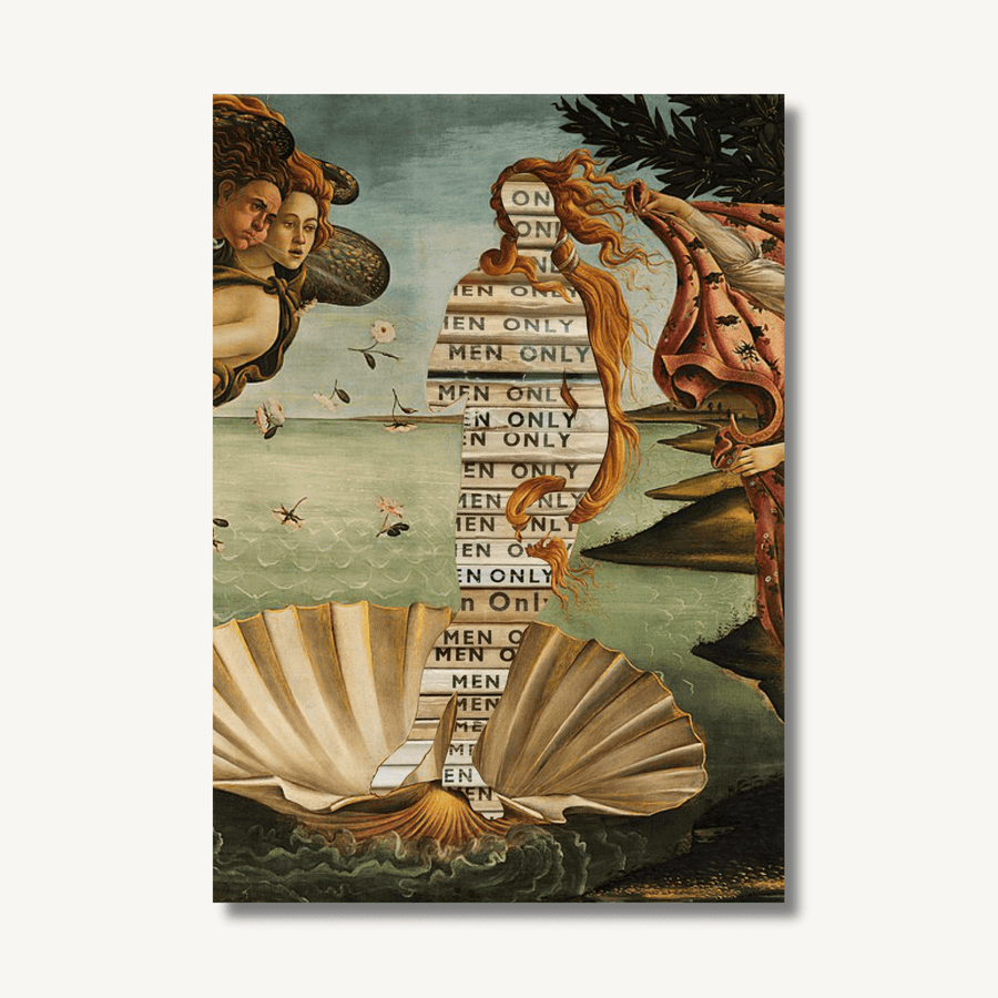 Collage print of ‘the birth of venus’ by Sandro Botticelli, with the Goddess Venus cut out to reveal a stack of magazines that say ‘For Men Only’ along the spine. The print is on an off-white background with a drop shadow to highlight that it is a print.Collage print of ‘the birth of venus’ by Sandro Botticelli, with the Goddess Venus cut out to reveal a stack of magazines that say ‘For Men Only’ along the spine. The print is on an off-white background with a drop shadow to highlight that it is a print.