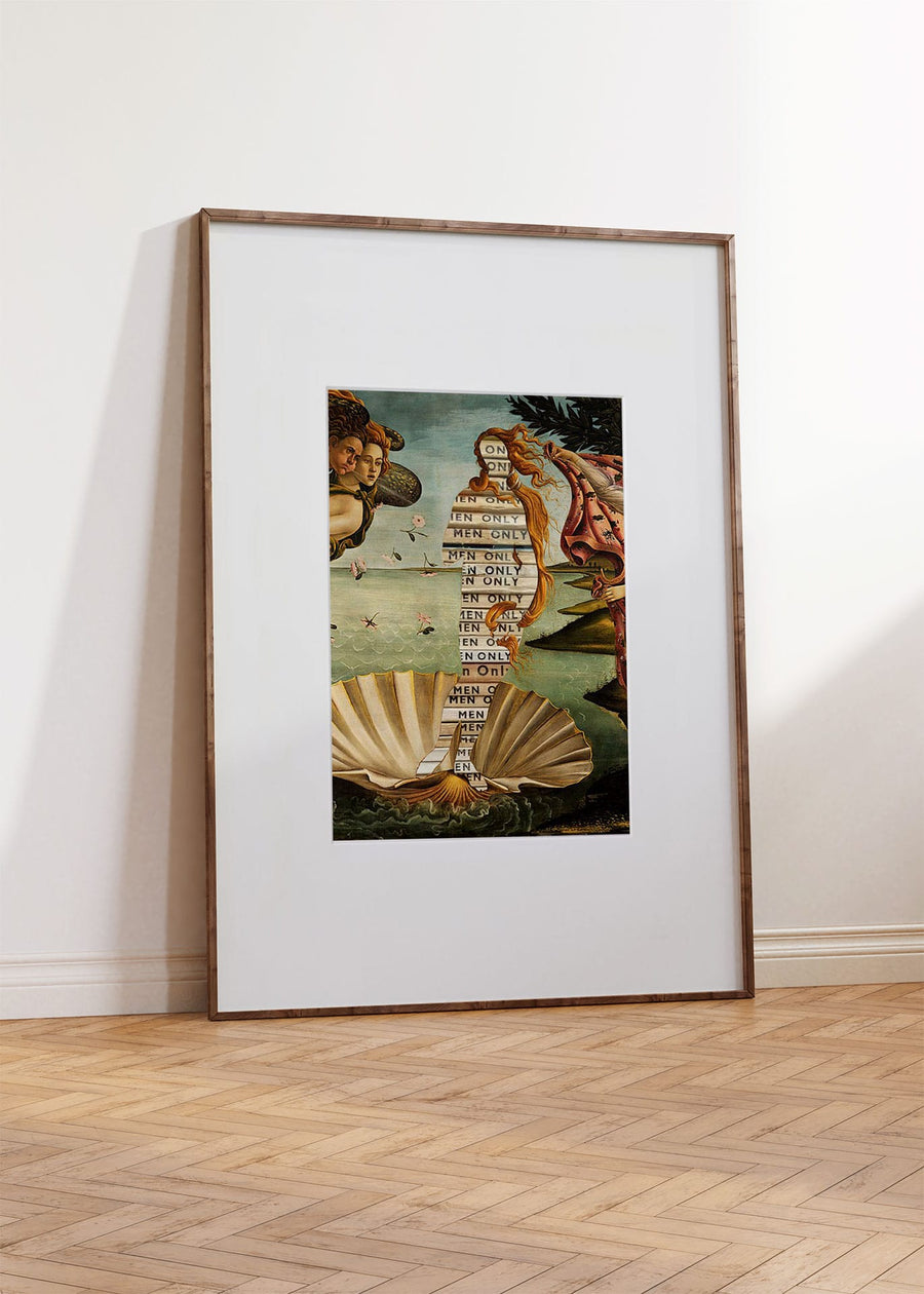 ‘For Men Only’ by Mary-Ann Stuart A4 art print in a large white window mount inside a thin dark wood frame.