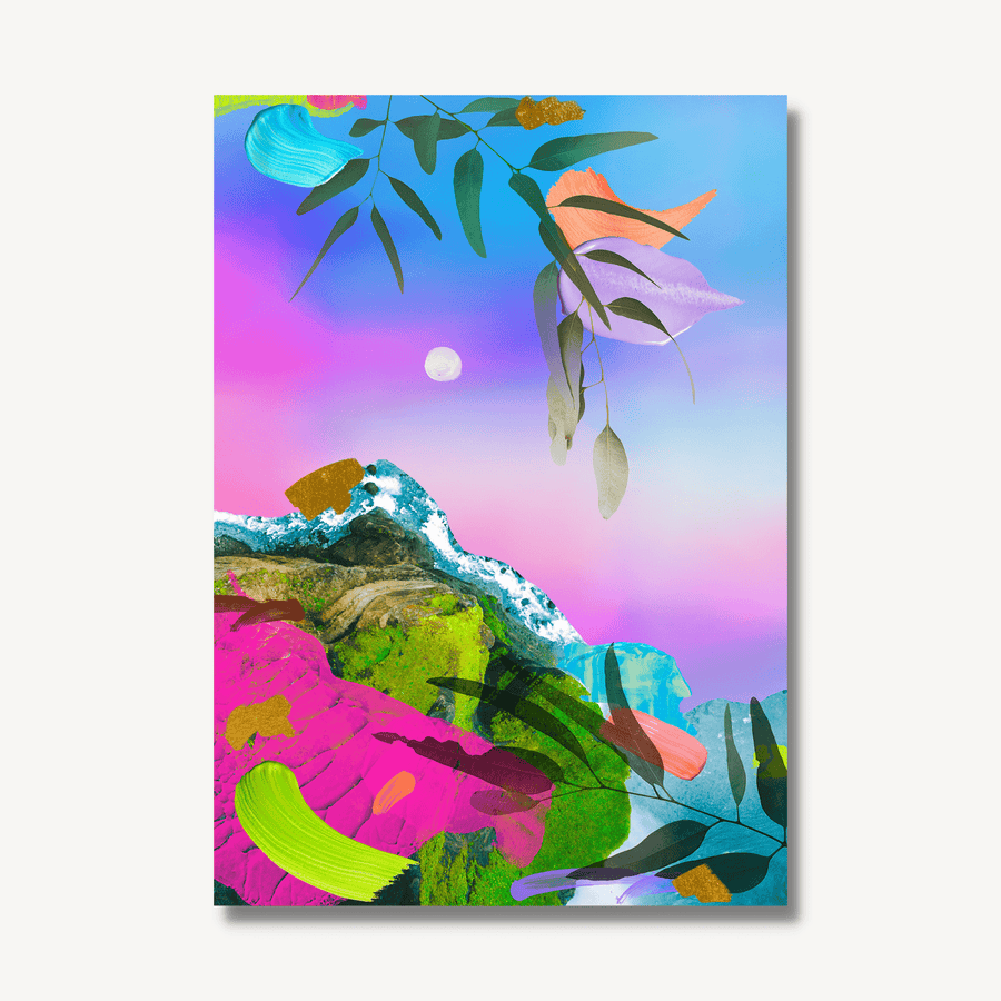 Mixed media collage and acrylic paint artwork showing a pastel gradient in the background with strokes of brightly coloured paint and collaged leaves and a birds eye photo of a coastline.