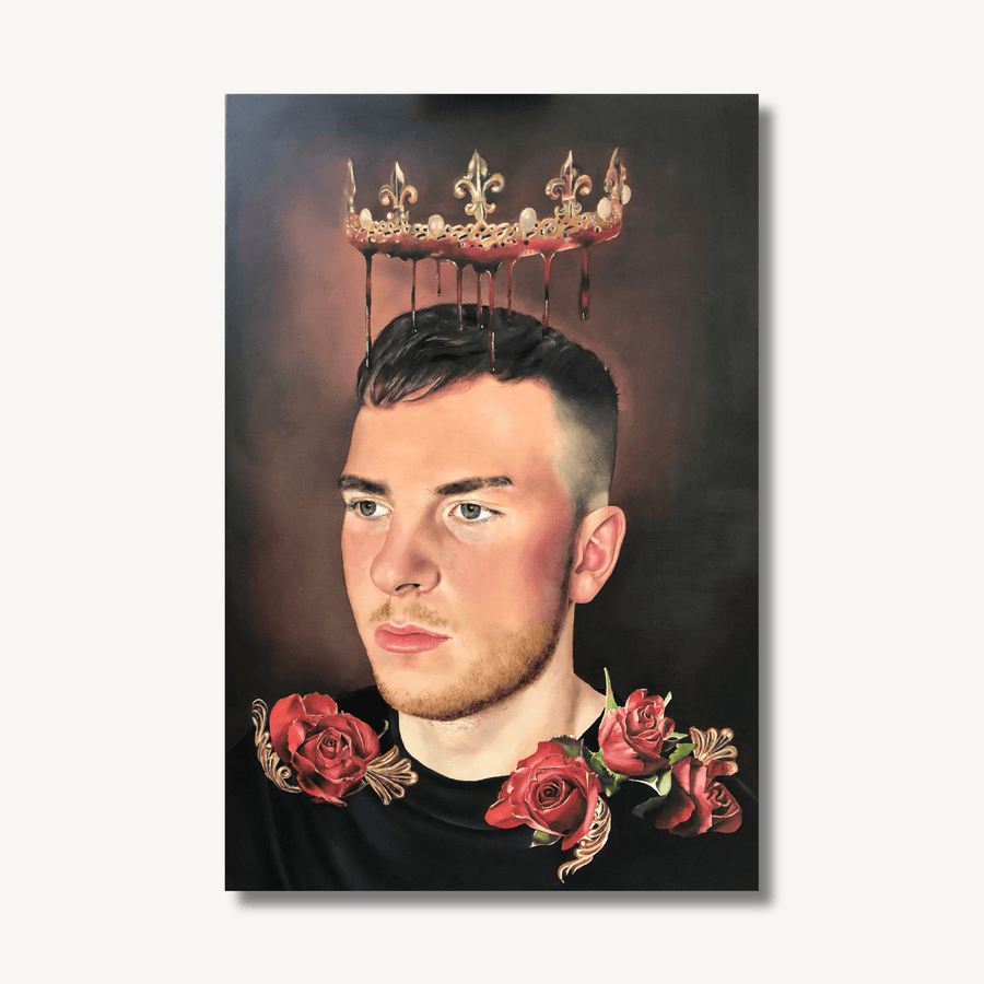 Oil painting of a man with red roses on his shoulder and a gold crown, dripping with blood, hovering above his head.