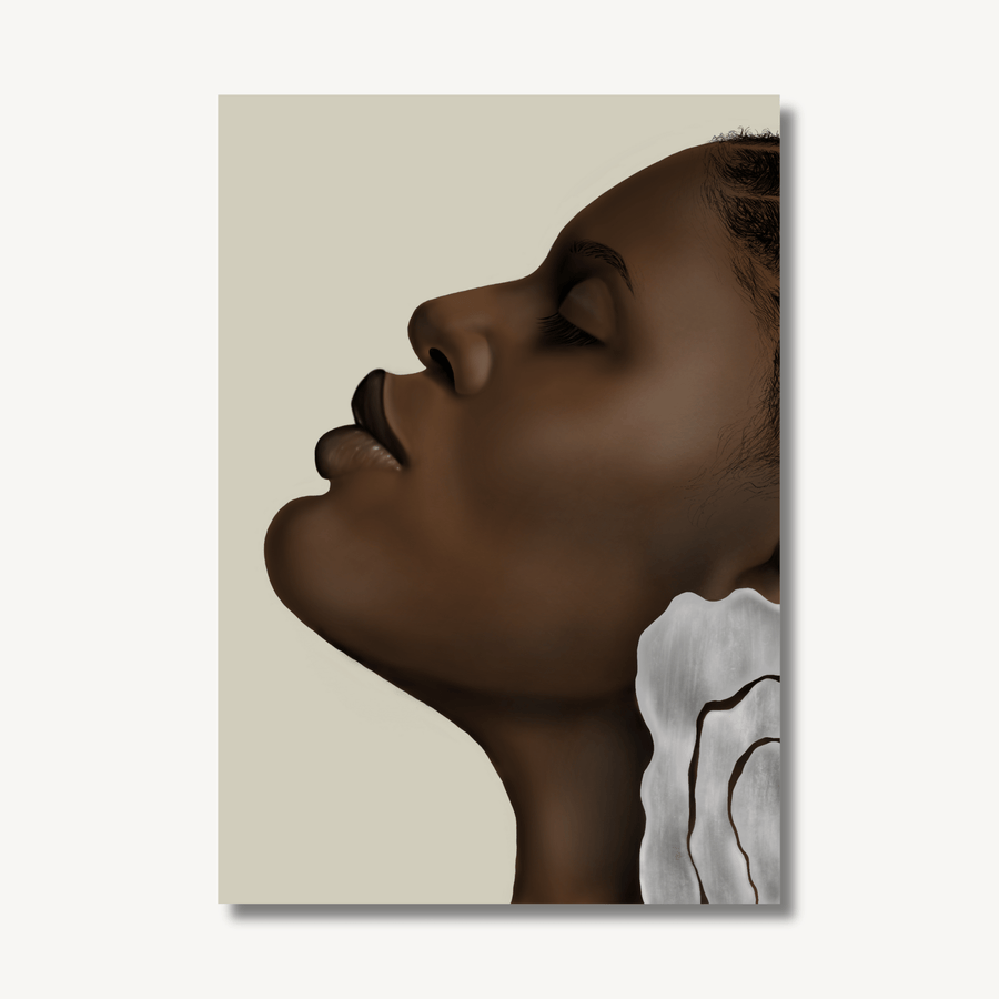 Beautiful digital painting of a black woman holding her head up with a proud and confident expression and wearing large earrings.