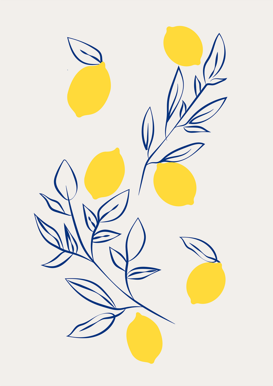 Lemons in block yellow and wispy navy blue leaves and stems scattered on an off white page.