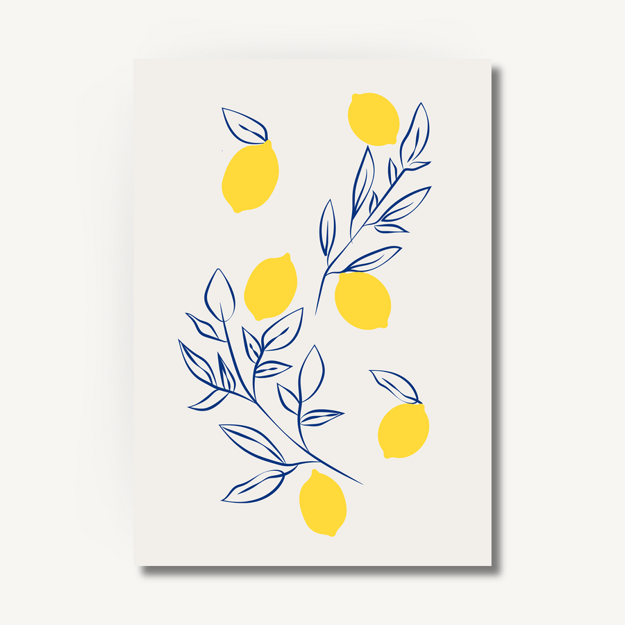 Lemons in block yellow and wispy navy blue leaves and stems scattered on an off white page. Image on an off white background with a drop shadow to show that it’s an art print.