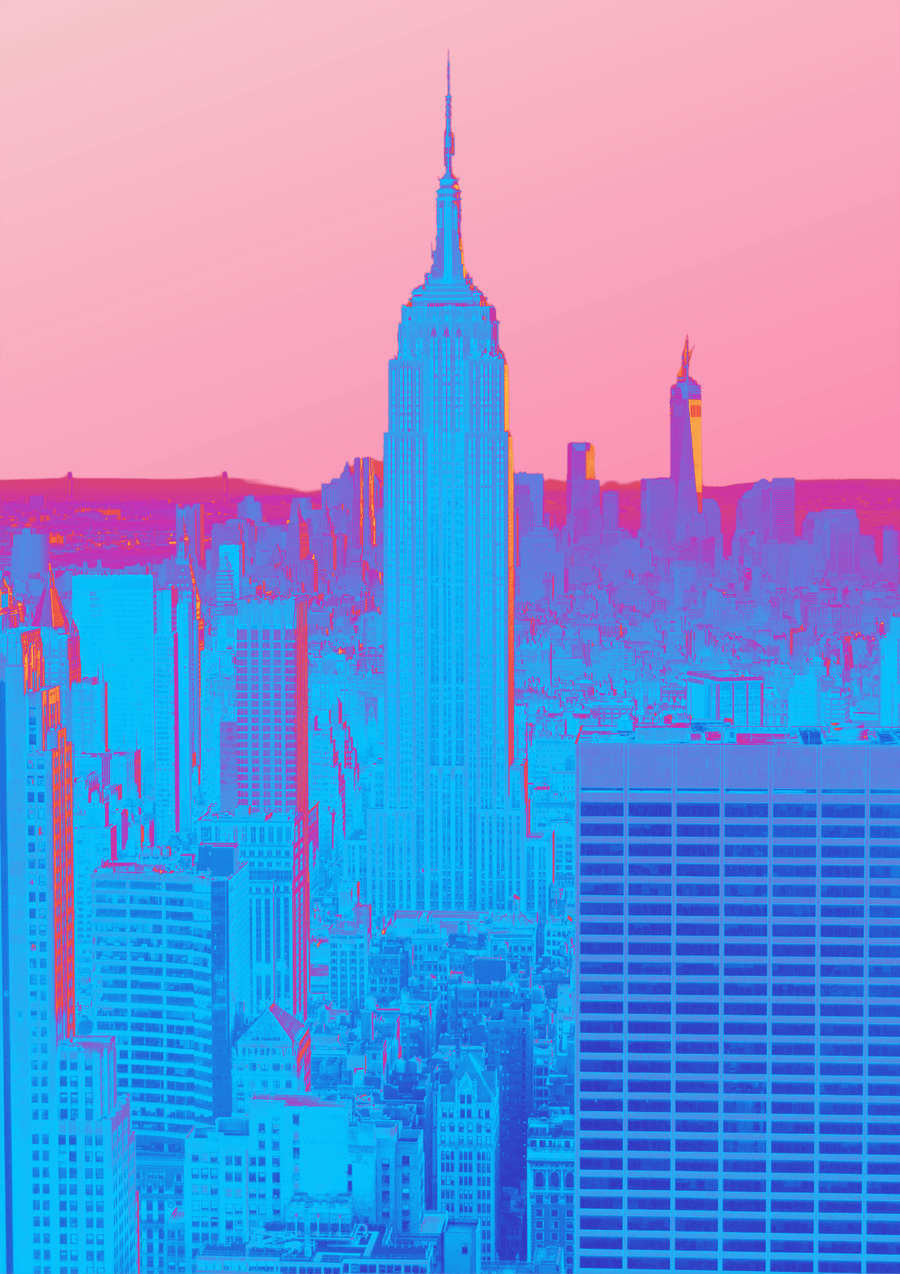 Hyper colourful, experimental photography print of New York City in neon blue and pink, set against a faded pink sky.