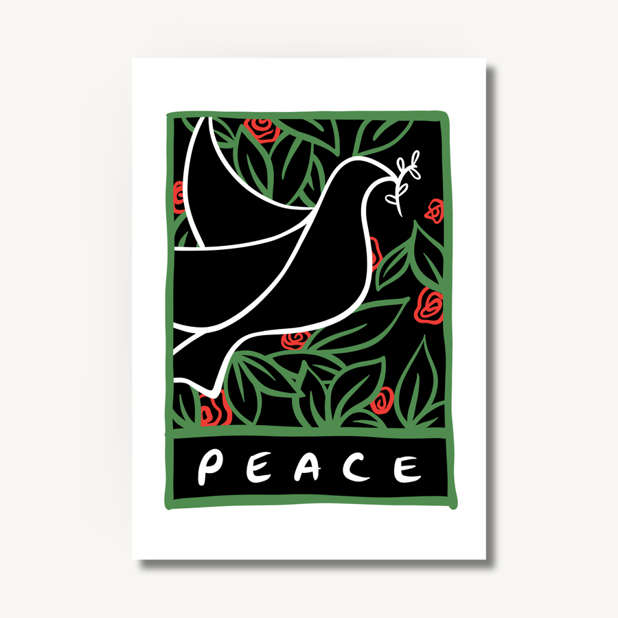 Digital illustration of a white line drawing of a dove holding an olive branch, surrounded by green leaves and red flowers with the word ‘Peace’ along the bottom, with a white border.