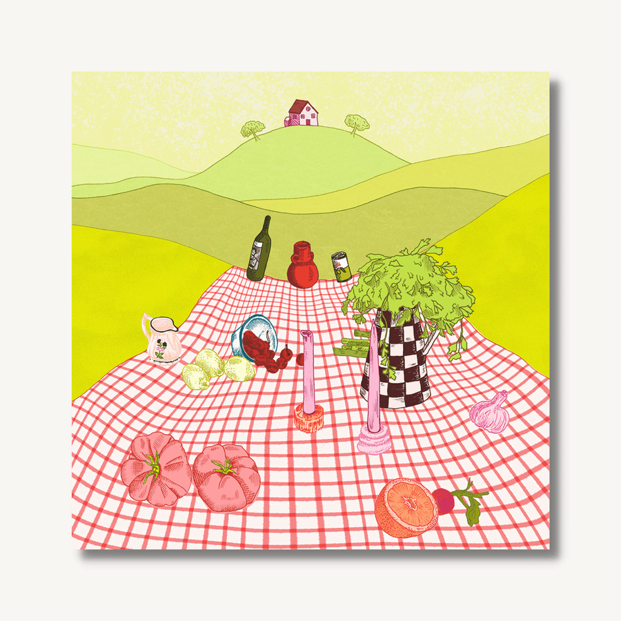Digital painting of a pink and white checked picnic blanket, with wine, tomatoes, fruit, plant and candles, set out on a hilly landscape with a house and 2 trees in the distance.