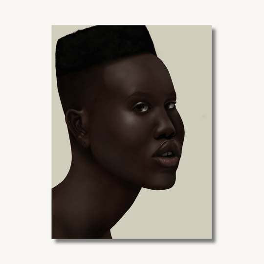 Digital painting of beautiful dark skinned black woman with short hair.