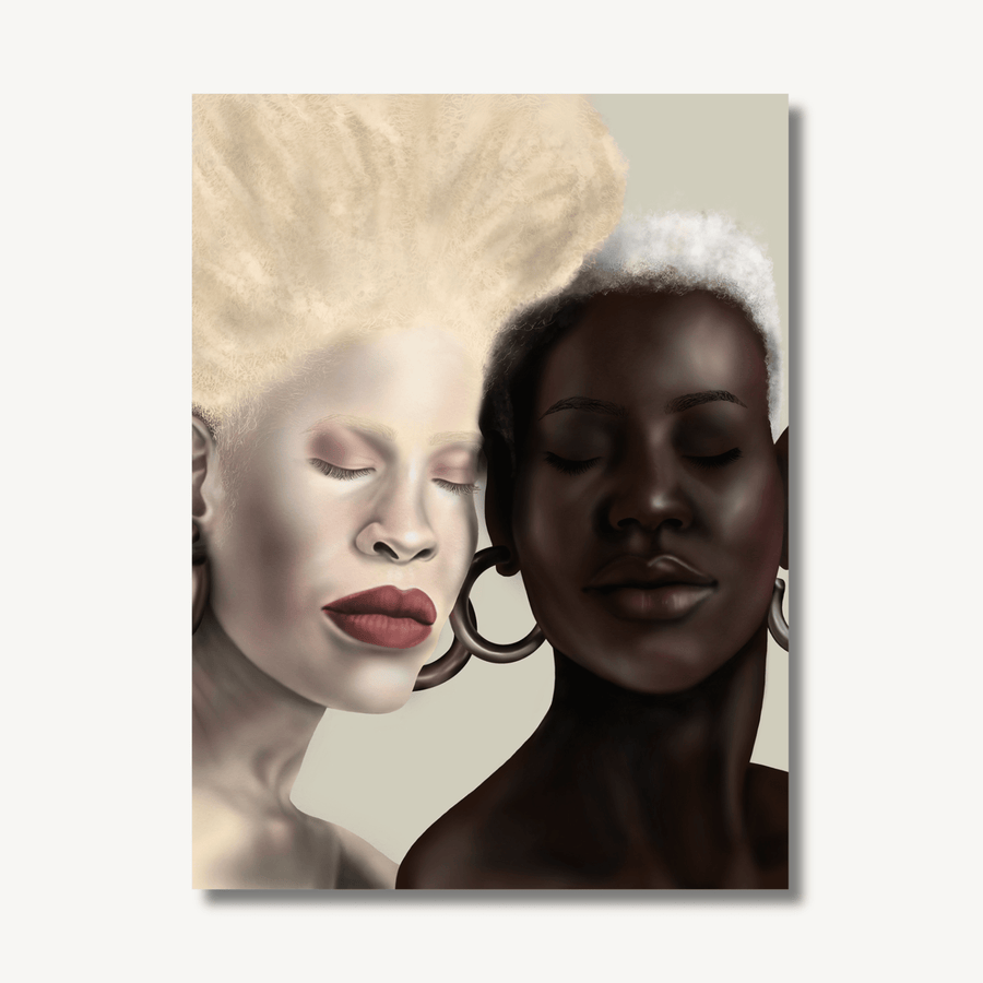 Digital painting of 2 beautiful black women, one is albino with pale skin and a blonde afro and the other is dark skinned with short white hair. Both are wearing large, gold, hoop earrings.