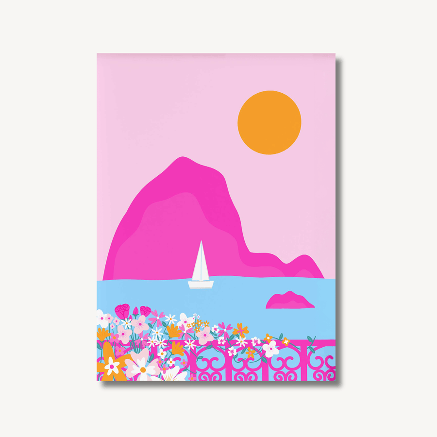 Digital painting of a pink island, viewed from a pink balcony with pink and orange flowers. There is a pale blue ocean, pink sky and orange sun.