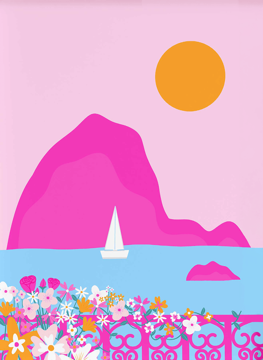 Digital painting of a pink island, viewed from a pink balcony with pink and orange flowers. There is a pale blue ocean, pink sky and orange sun.