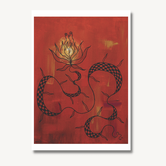 Art print of an acrylic on canvas painting of a multi-tonal red background with a quirky tattoo style flower on top in black, with a wiggly stalk.