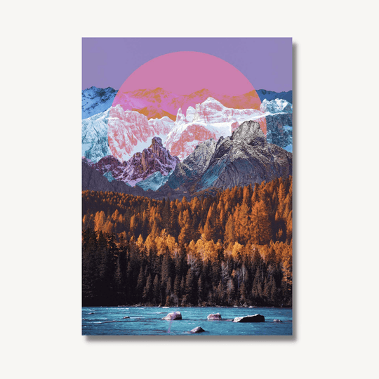 Digital collage of mixed landscapes, starting with a lake with rocks at the bottom, then a dense forest, then snow topped mountains with a pink/purple circle and a purple sky.