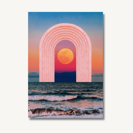Digital collage of a pastel pink archway showing a colourful sunset with an orange sun, with waves below.