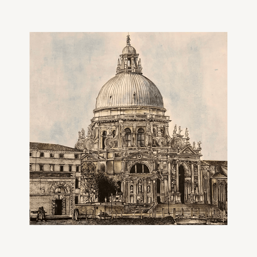 Detailed in ink drawing of Santa Maria della Salute in Venice, Italy, with a light watercolour wash to add vibrancy.