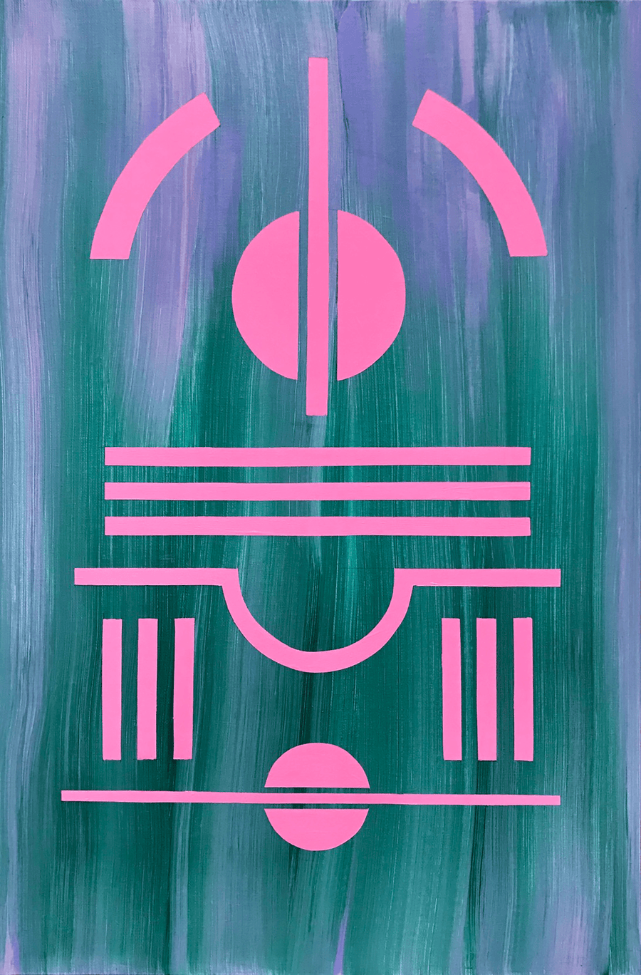 Artwork by Henriett Juhasz, an Art Deco style painting of pink, geometric lines and circles in a blur of pastel purple and deep green.